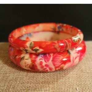 Vintage Style Red Floral Resin Bangle Bracelet Set 2.5 Inch Small Cottagecore